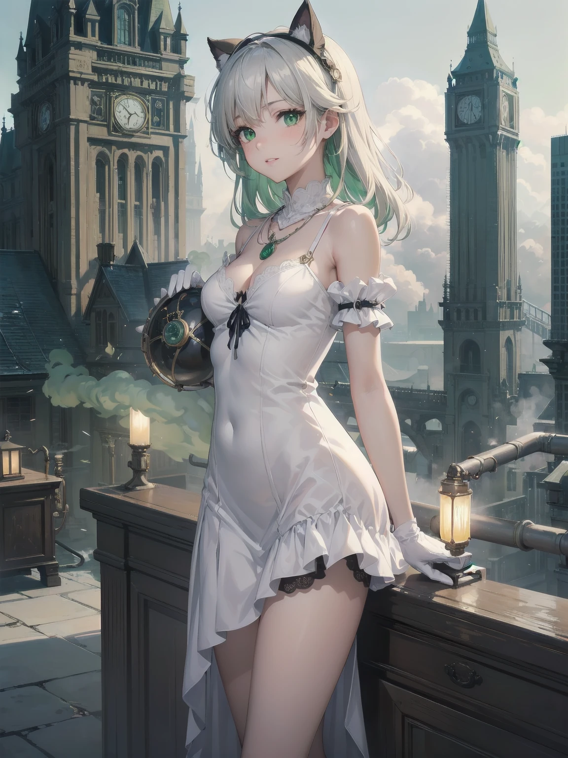 (masterpiece:1.2), (Highest quality:1.2), Ultra-high resolution, Very detailed, break, ((Anime girl standing with a pocket watch in her hand)), Surreal Girl, (1 person,ta,boyish, , 13 y), A light smile, , The charm of androgyny, Long Hair, ((Platinum Hair)), Messy Hair, small and soft breasts,Slender body, Small Ass, Small green eyes,Fine and beautiful eyes, Well-proportioned iris and pupil, Expressive eyes, Beautiful and detailed lips, High resolution detailed hair, Perfect Eyes, Perfect Face, ultra high density skin, Full Finger, Perfect lighting, break, ((Light green necklace)), ((White Dress:1.3)), light green tie, Sparkling Sapphire, Lady, Wear white gloves, break, (steampunk), Castle balcony, Skyscraper, Night view, Equipment, pipe, (Steam spewing out from pipes:1.2), Fantasy, break, ((Positive:1.3)), break, Digital anime art,Anime style illustrations,Anime illustration