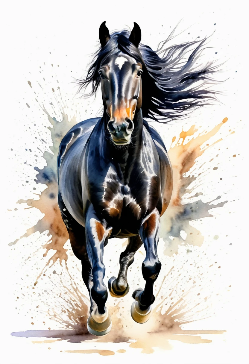 watercolor of a BLACK horse running perspective frontal view,vigorous inertia,details of hair,watercolor splash of pastel colors behind ,white background,artistic image