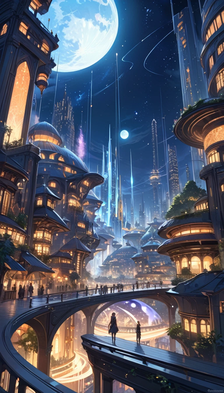 The world of tomorrow, grand details, city, magic, fantastic, night sky, moon, stars, background,