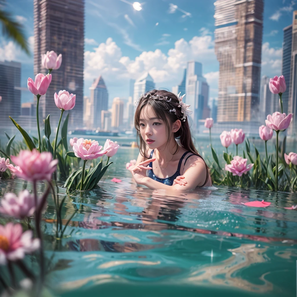 280th floor infinity pool,The tallest building in the urban forest, {Around bonsai|Luo Han Song|coconut palms|tulips|Rose flower}, ExtermlyDetaild(ProfessionlPhoto of Girl floating in the sky:1.37)(Masterpiece 8K TopQuality:1.2), ExtremelyDetailed KAWAII face Eyes{ElaboratePupils with (SparklingHighlights:1.28)|DoubleEyelids with (Voluminous LongEyelashes:0.88)|RosyCheeks} BREAK Detailed impeccable Radiant PearlSkin with Transparency (Skinny SchoolSwimwear:1.37) beautiful graceful {HiddenHand|Corrected BabyLikeHand} (Whole Body Proportions and all limbs are Anatomically Accurate)