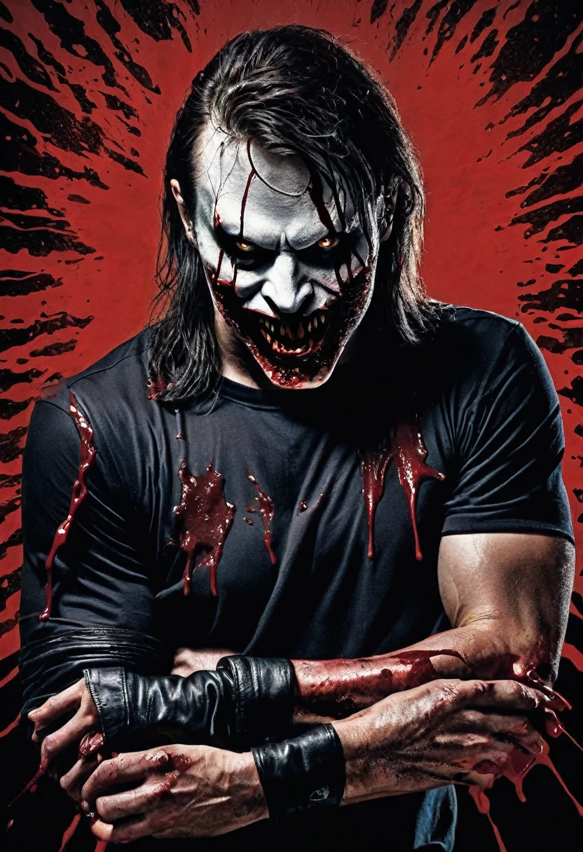 Create a poster of a rock band imitating a horror film with the killer on the cover.  the killer has an athletic body and his hands are , we can&#39;t see his eyes because there is a shadow ,but he seems mysterious the poster is 80s horror movie style designed in the colors of the poster are red,close and beige.