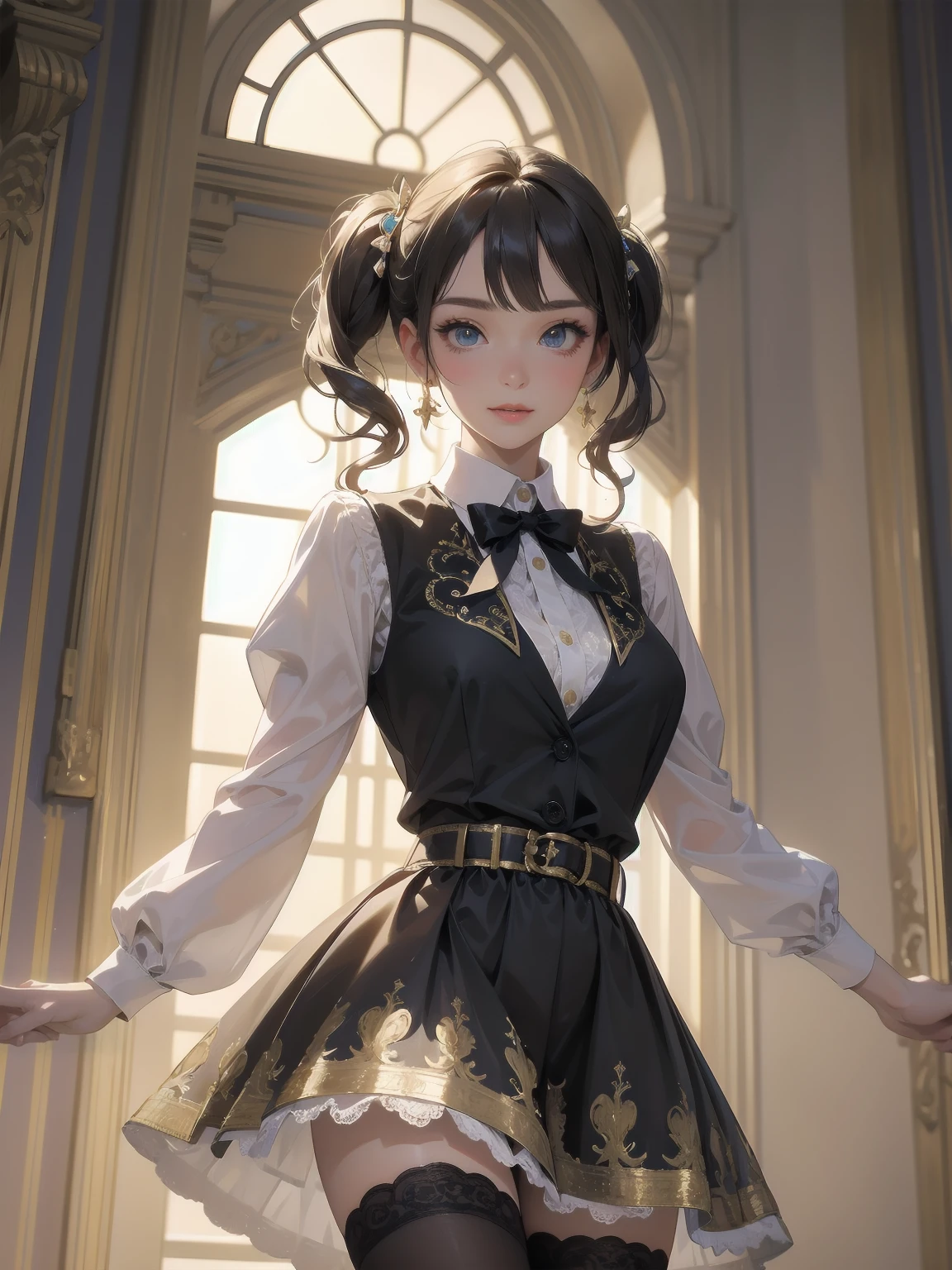A lavish, photorealistic illustration of Soro, a charming 19th-century maiden, exudes elegance in a masterfully crafted scene. Framed by a ornate, gilded archway, she stands poised, her twintails adorned with sparkling bows, her cardigan vest and short-sleeved shirt perfectly complementing her plaid skirt. Over black legwear, her loafers add a touch of whimsy. A radiant smile spreads across her face, her eyes sparkling like diamonds in the soft, golden light. Every detail, from the intricate lace trim to the delicate folds of her garments, is meticulously rendered by a master illustrator's hand, Dynamic angle shooting by Spielberg、Audrey Hepburn's acting instruction: Dynamic poses