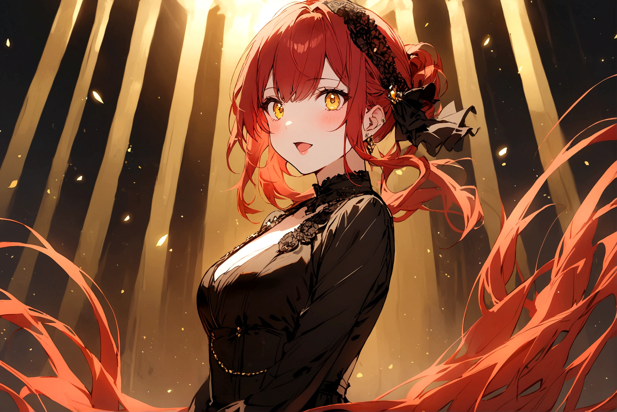Girl with red hair, yellow eyes, black clothes 