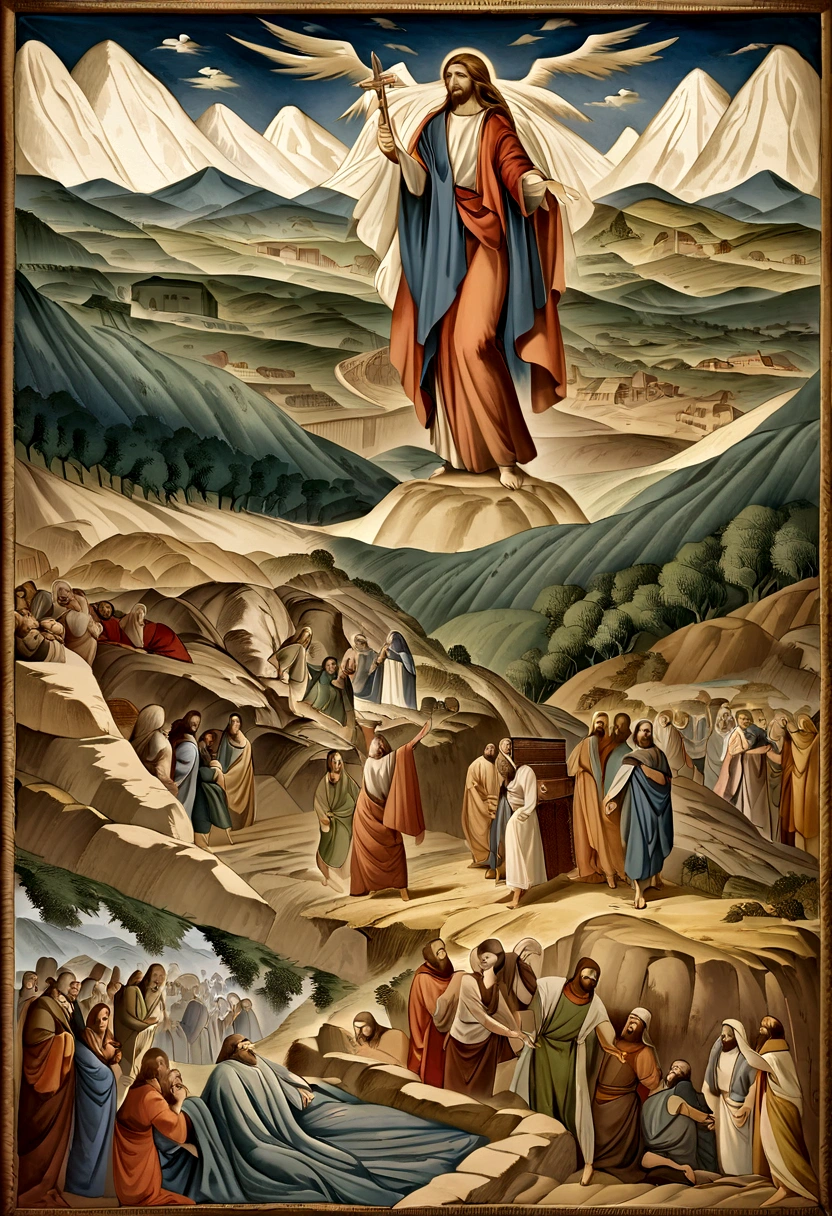 Painting of Jesus holding the body of a man in a mountain landscape, Biblical Painting, Biblical imagery, Epic biblical depictions, Biblical Art, Bible illustrations, Moses, in landscape
