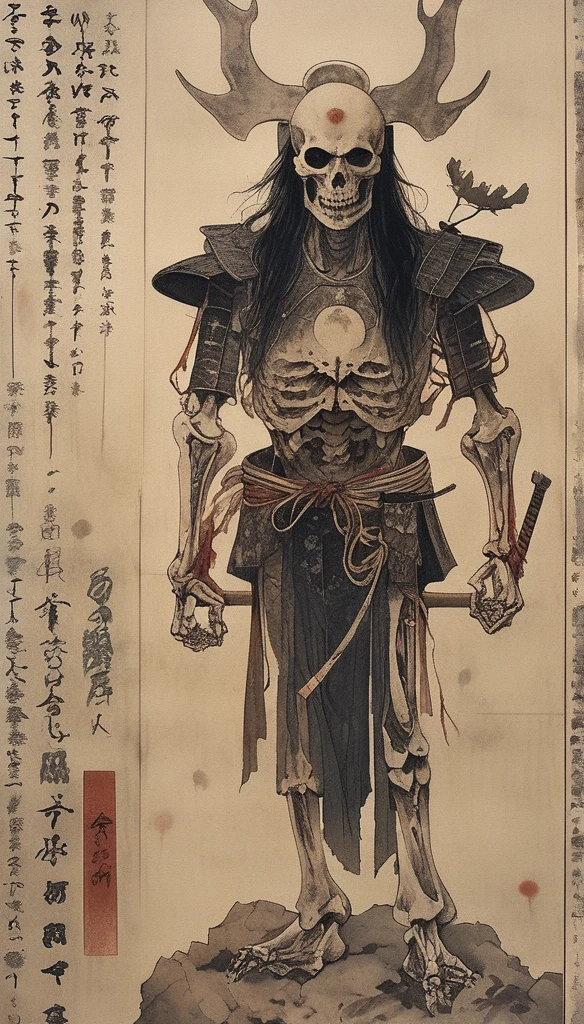 japanese line art , a samurai( to a wooden steak with several arrows stuck in him,:1.2) lower body missing visible skeletal structure , ripped rags, rope and bloody ground, black skies and large moon , floral damask background , in the style of takato yamamoto、masterpiece,best quality,absurdres,high details,8K,photorealistic,at distance,cowboy shot,1girl,amaizing body,long hair,makeup,outstretched arms,full body front photo,symmetrical pose,necromancer,bones ornament,graveyard,skeletons come out of the ground,creature,ancient,dark,evil,intricate, elegant, highly detailed, symmetry, magical atmosphere, sharp focus, majestic, very coherent, radiant, advanced, cinematic, artistic, fine detail, winning, beautiful, stunning, dramatic light, designed, rich deep colors, perfect professional background, ambient, tailored set composition