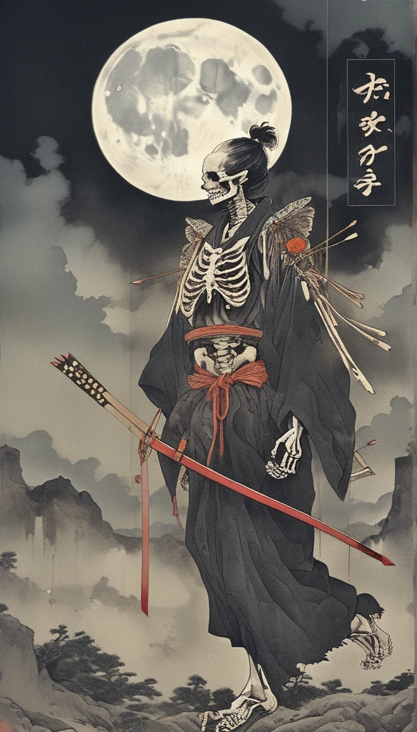 japanese line art    , a samurai( tied up  to a wooden steak with several arrows stuck in him,:1.2) lower body missing visible skeletal structure , ripped rags, rope and bloody ground, black skies and large moon , floral damask background ,  in the style of  takato yamamoto、masterpiece,best quality,absurdres,high details,8K,photorealistic,at distance,cowboy shot,1girl,amaizing body,long hair,makeup,outstretched arms,full body front photo,symmetrical pose,necromancer,bones ornament,graveyard,skeletons come out of the ground,creature,ancient,dark,evil,intricate, elegant, highly detailed, symmetry, magical atmosphere, sharp focus, majestic, very coherent, radiant, advanced, cinematic, artistic, fine detail, winning, beautiful, stunning, dramatic light, designed, rich deep colors, perfect professional background, ambient, tailored set composition