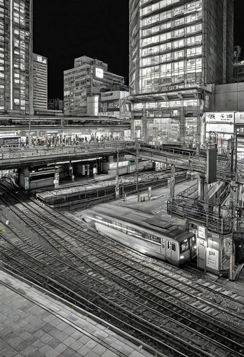 (Landscape only drawing), Night view of Shinjuku Station West Exit, RAW photo, subject, 8K UHD, dslr, soft lighting, high quality, film grain, Fujifilm XT3,masterpiece, highly detailed, insanely detailed, best quality
