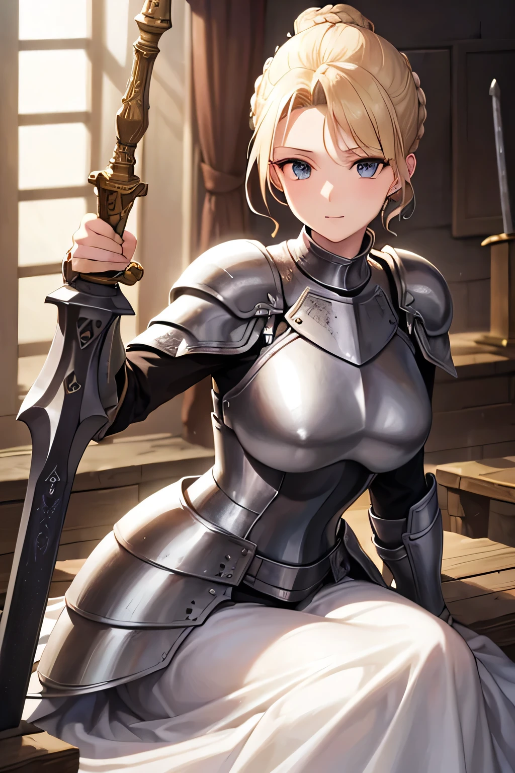 Beautiful 20 year old woman, (((blond updo))), holy knight, White Iron Armor、Swinging the Sword、battlefield
