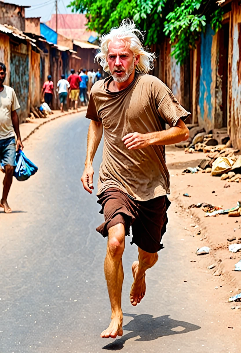 1 beggar white man running, the man has white hair, wears a brown t-shirt in rags, barefoot, in hell