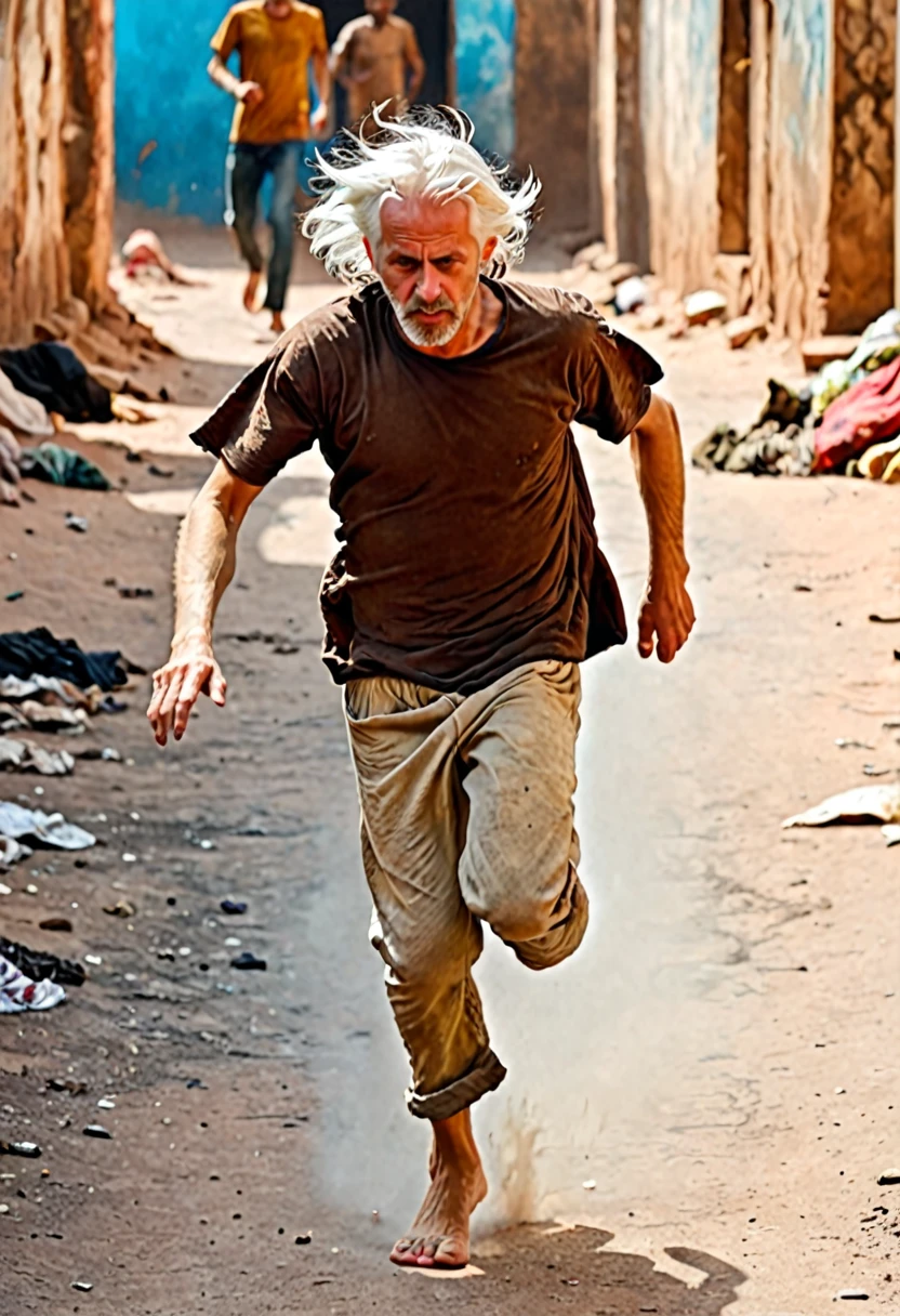 1 beggar white man running, the man has white hair, wears a brown t-shirt in rags, barefoot, in hell