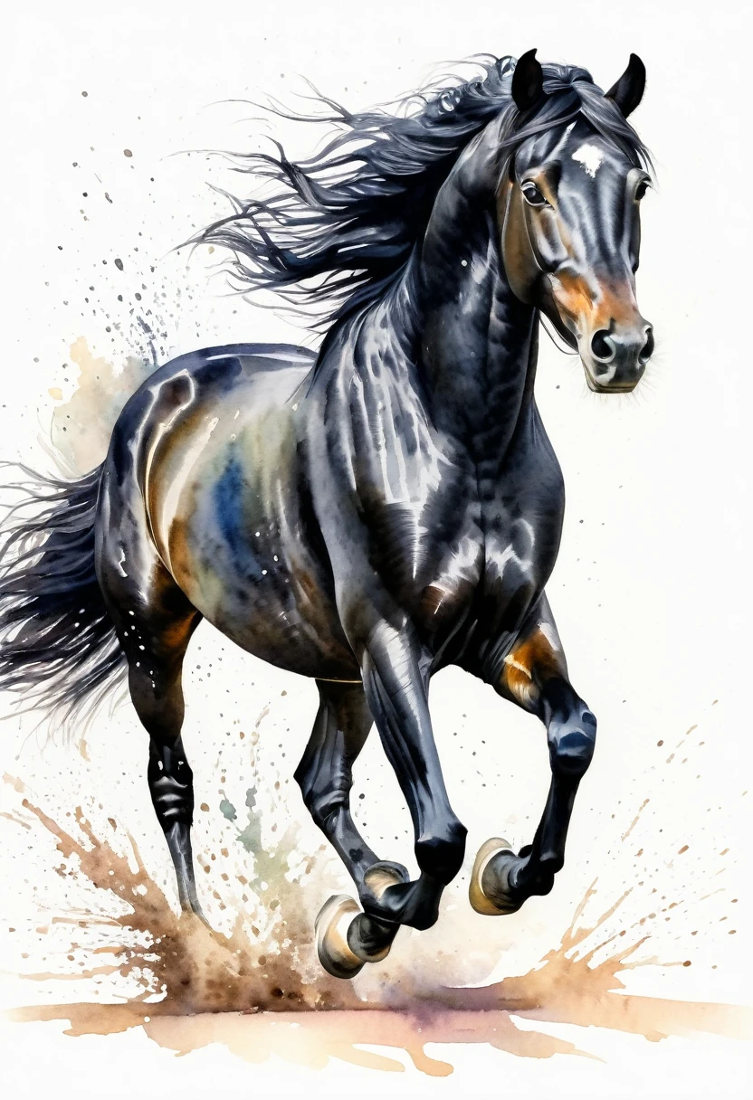 watercolor of a BLACK horse running perspective frontal view,vigorous inertia,details of hair,watercolor splash of pastel colors behind ,white background,artistic image