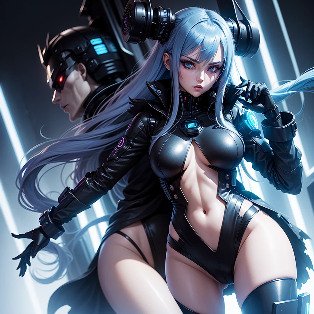 Android girl in a black suit, gloomy with long blue hair, woman with sexy hips, half cyborg modification Beautiful fur with black demonic eyes stands in full height sideways Anime Style black background Cyberpunk style, black background image of night black city and blue neon lights fluorescent lamps 