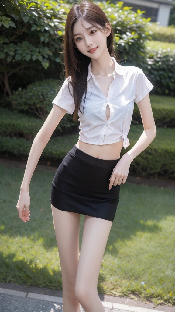 RAW, masterpiece, best quality, extremely detailed, 8k, HDR, photorealistic, intricate, A skinny Asian girl, she has an extremely-thin body, narrow and small hips, long straight hair, wearing a short sleeve shirt and black extremely-short microskirt, standing, smile, outdoors 