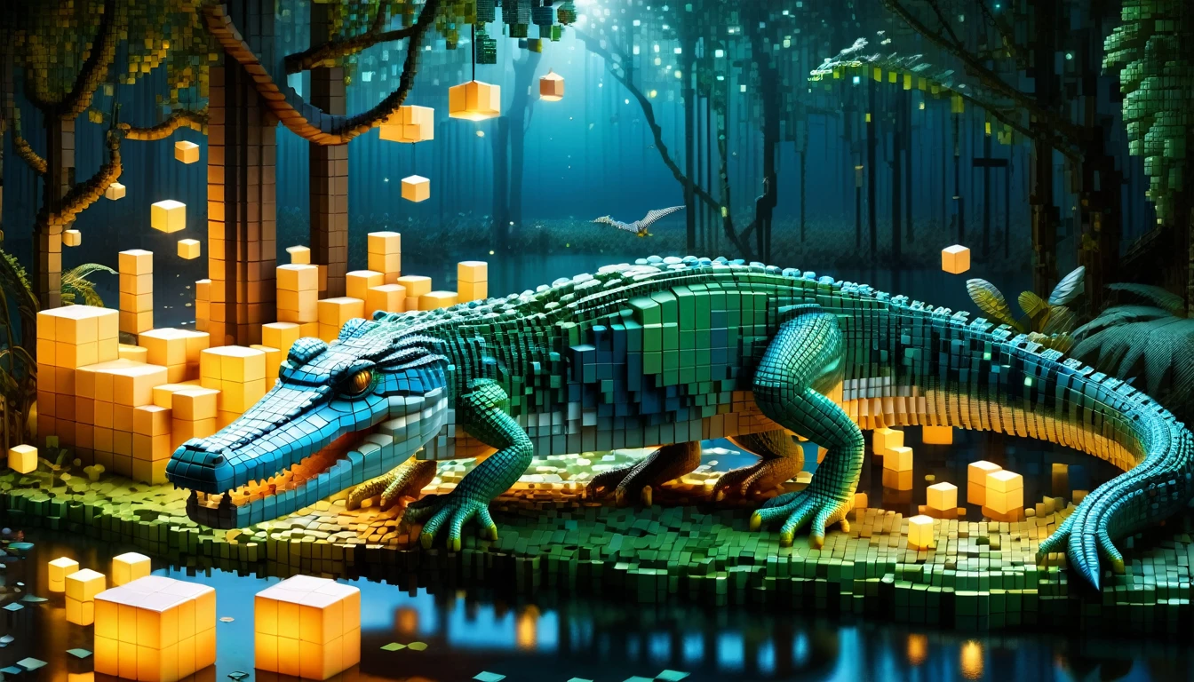 An enchanted forest made up of RAL-3D cubes, Surrounded by the fantastic light of fireflies,Very beautiful secret forest,A small baby crocodile peeking out of the river