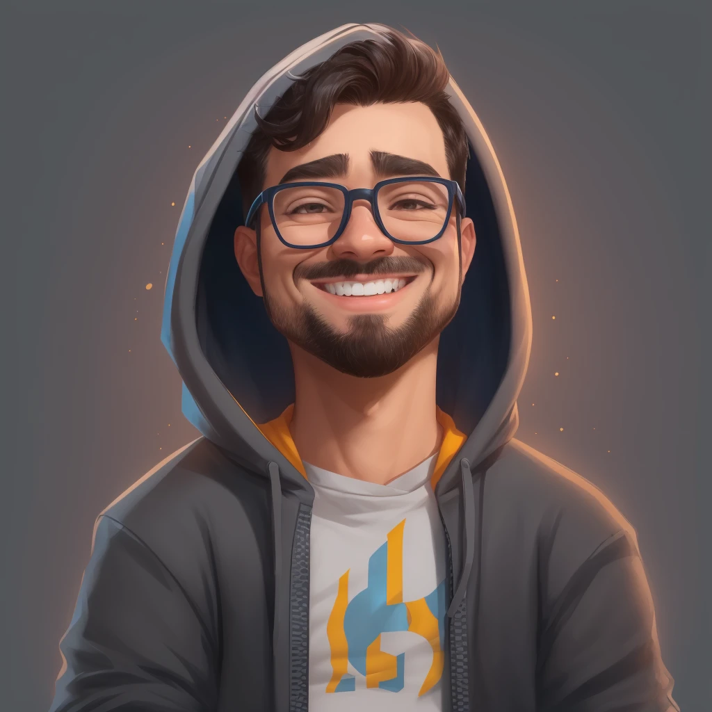 (Piva) Create a high-quality 2D Pixar Disney cartoon portrait of a man wearing glasses and a hoodie, displaying a cheerful smile. This portrait is intended for use as an NFT, or as an avatar image, or for a Discord profile photo, or as a character concept portrait for the Twitch streamer known as PivaArts. The full portrait should be detailed and capture the personality and style of PivaArts, Becoming a Statement Piece. The focus is on a character headshot portrait fit for a Twitch streamer.
