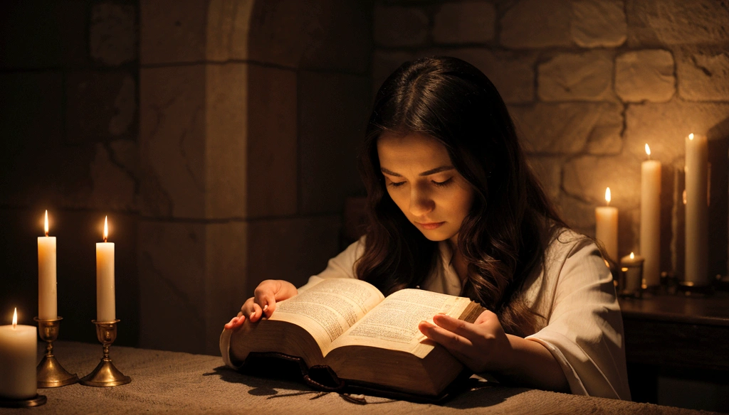 a woman praying with her hands crossed, in front of a candle, and a bible in front