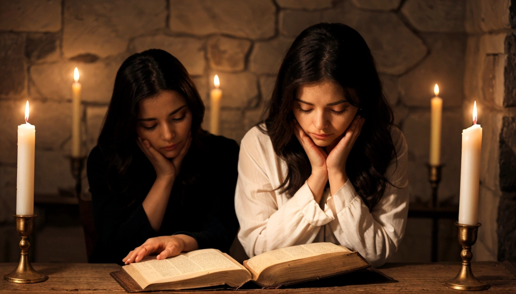 a woman praying with her hands crossed, in front of a candle, and a bible in front