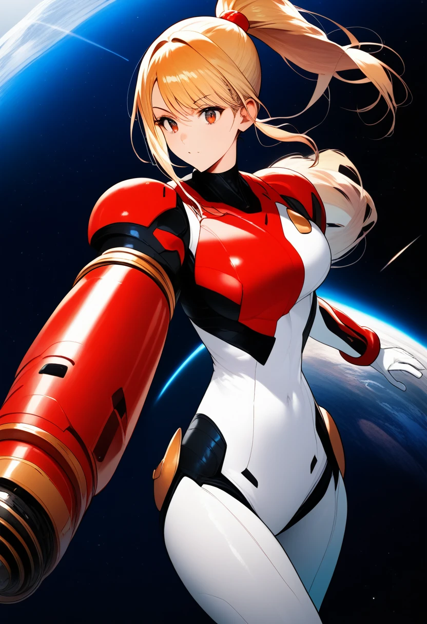 (best quality),female, long hair, ponytail, bangs, power suit,arm cannon,space background,ultra-detailed,sharp focus,aesthetic, score_9, score_8_up, score_7_up,source_anime,
