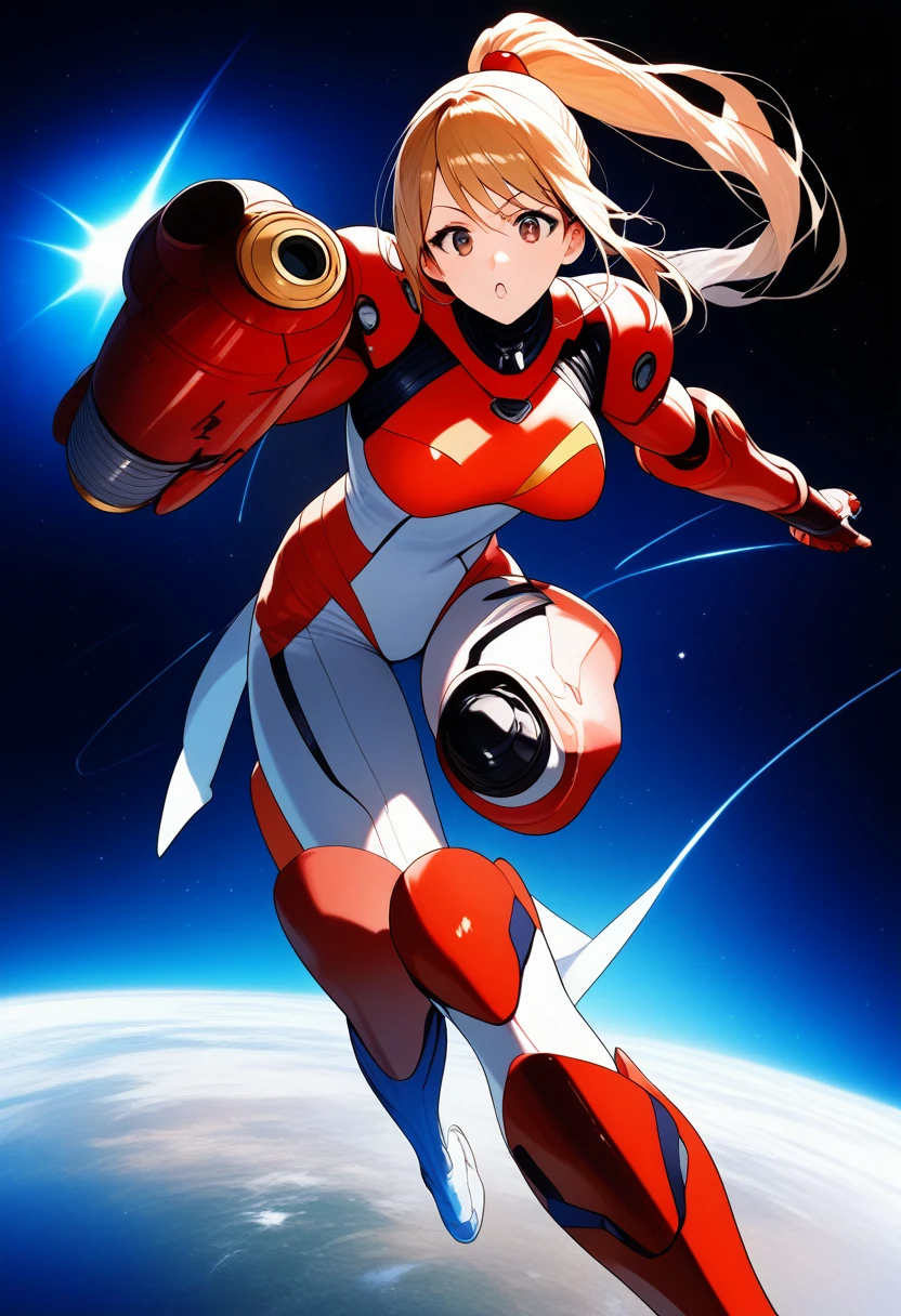 (best quality),female, long hair, ponytail, bangs, power suit,arm cannon,space background,ultra-detailed,sharp focus,aesthetic, score_9, score_8_up, score_7_up,source_anime,
