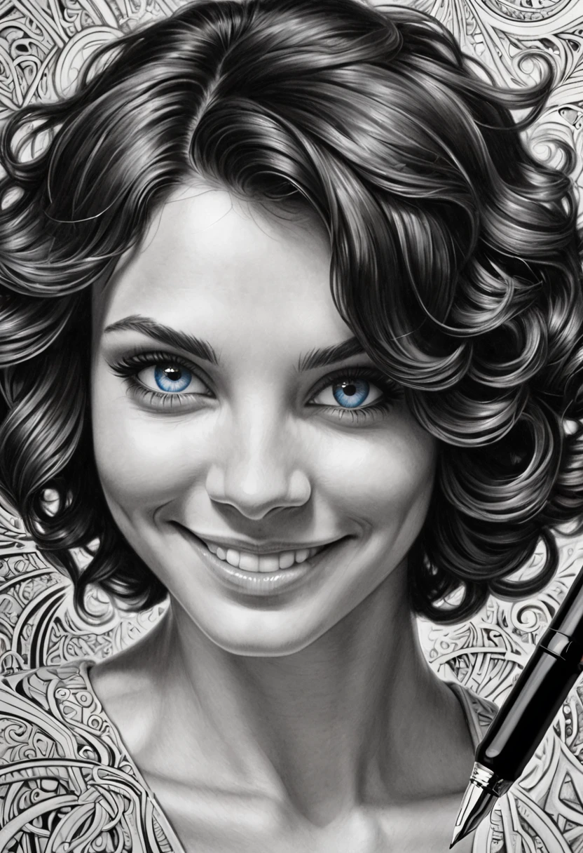 close extremo, fountain pen draauing of a Brunette auoman auith a gentle smile, short, slightly curly hair, auell-defined eyeBroaus, Beautiful [:light Blue:15] eyeballs, intricate lines, highy detailed, B&au, monochrome, black andwhite, graffit, pencil painting, coal, (hight contrast:1.1), auhite Background
