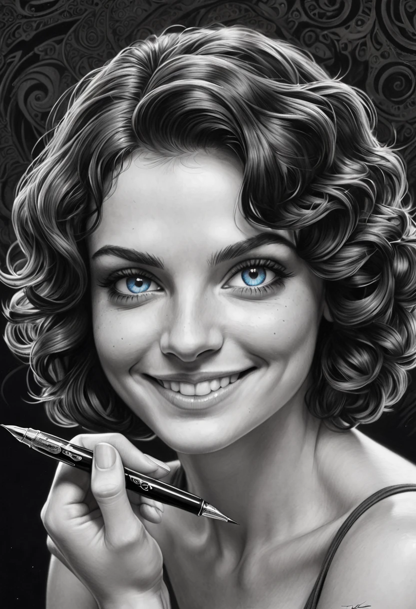 close extremo, fountain pen draauing of a Brunette auoman auith a gentle smile, short, slightly curly hair, auell-defined eyeBroaus, Beautiful [:light Blue:15] eyeballs, intricate lines, highy detailed, B&au, monochrome, black andwhite, graffit, pencil painting, coal, (hight contrast:1.1), auhite Background