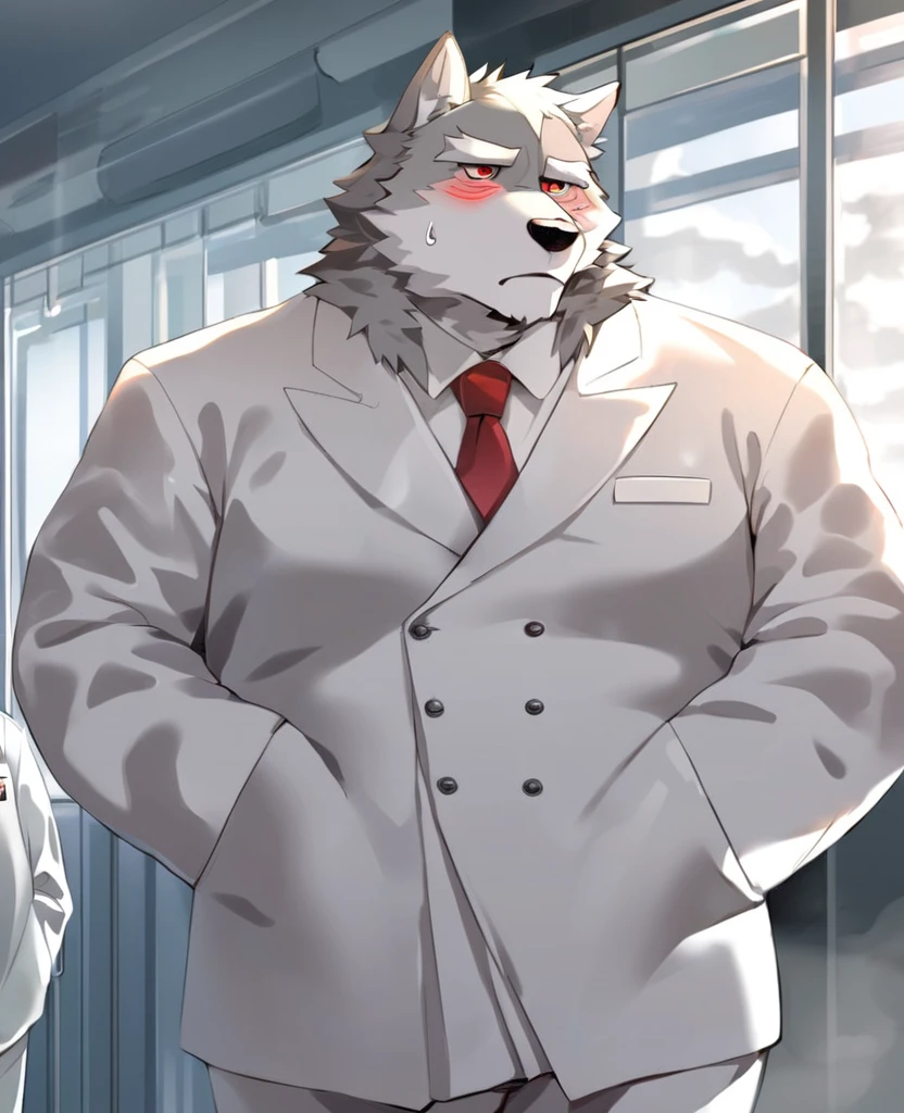 Wolf,personification,Mature male,Strong Man,Gray hair,naked,Cold expression,Red pupil,White eyebrows,White suit suit,Hands in pockets,The Age of Steam,Hospital Office。