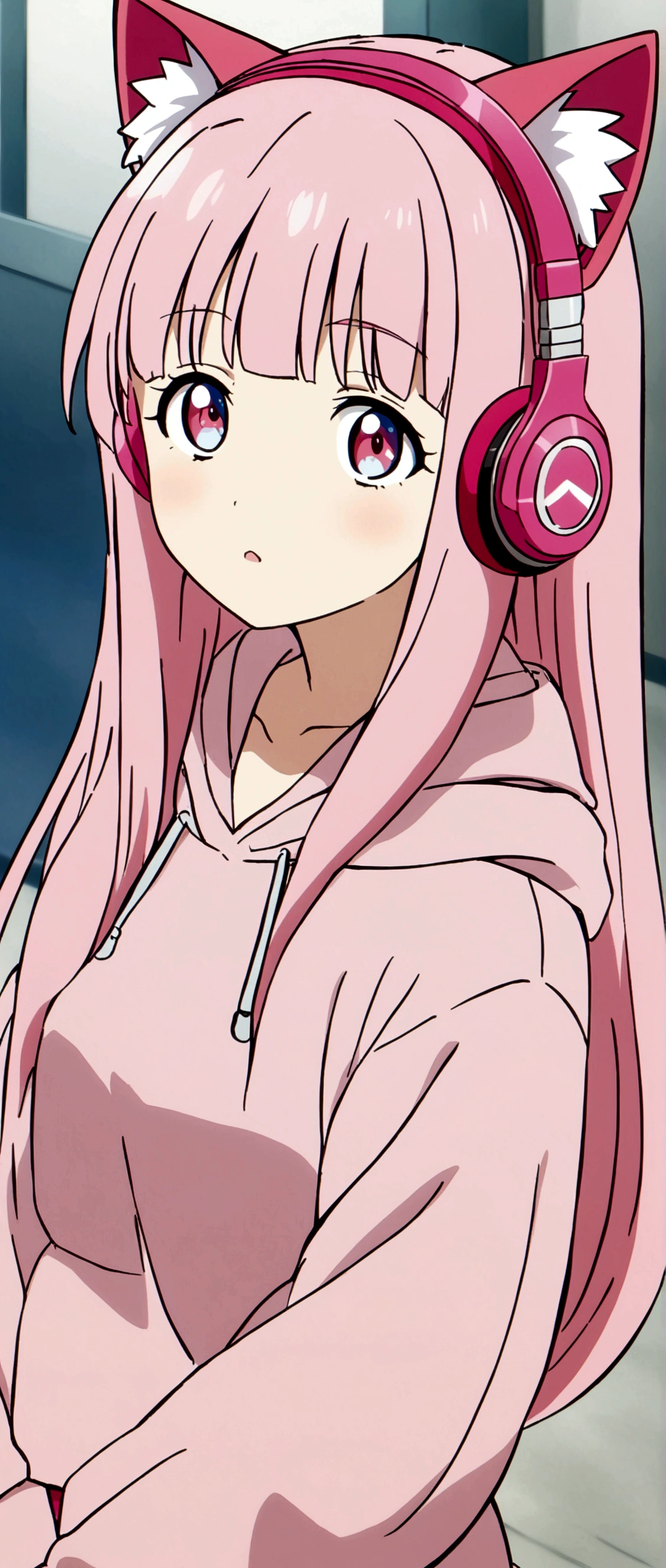 With her pink hair down、She is wearing pink headphones with cat ears.。Wearing a pink hoodie、Pink Girl、Anime Style