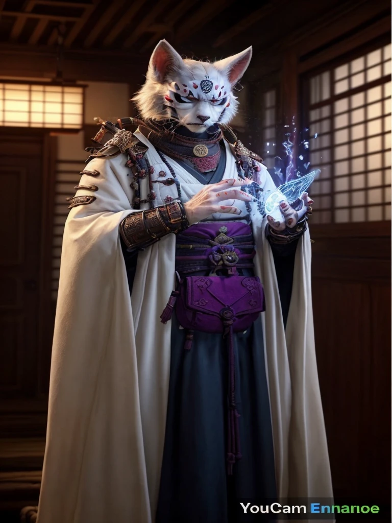Complete the bottom part of this image, adding full-body samurai armor and a purple pouch on his waist.