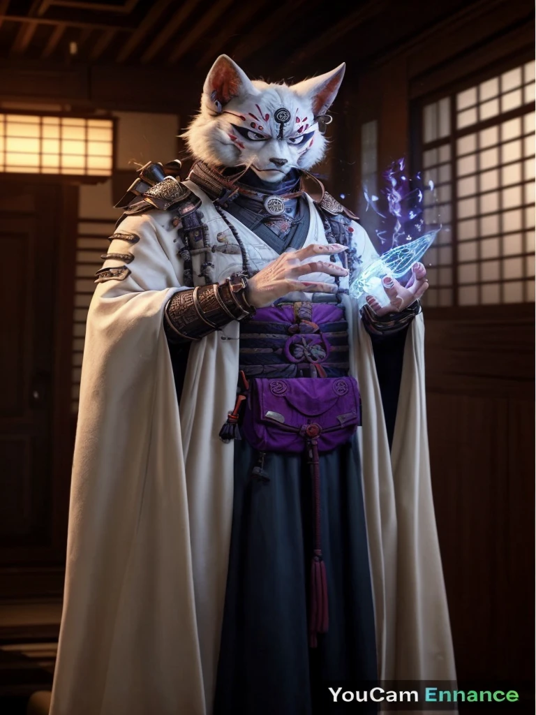Complete the bottom part of this image, adding full-body samurai armor and a purple pouch on his waist.
