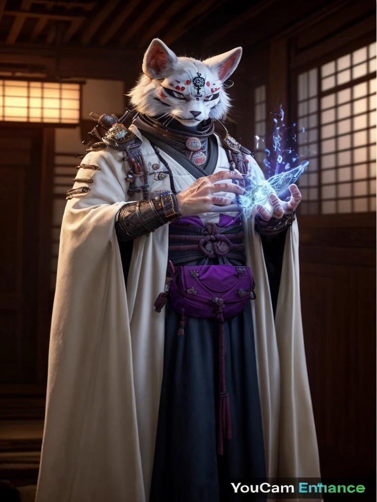 Complete the bottom part of this image, adding full-body samurai armor and a purple pouch on his waist.