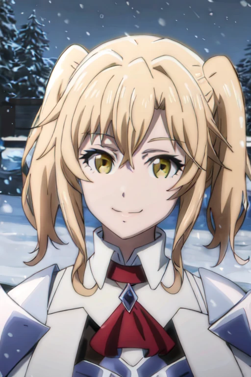 GoblinSlayer, NobleFencer, solo, girl1, looking at viewer, smile, long sleeves, brown eyes, long white cape, armor, shoulder armor, portrait, red ascot, snow, outdoor