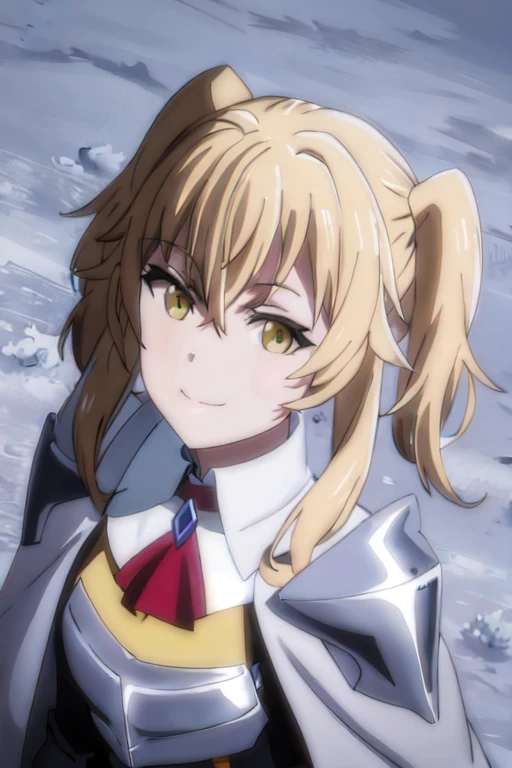 GoblinSlayer, NobleFencer, solo, girl1, looking at viewer, smile, long sleeves, brown eyes, long white cape, armor, shoulder armor, portrait, red ascot, snow, outdoor 