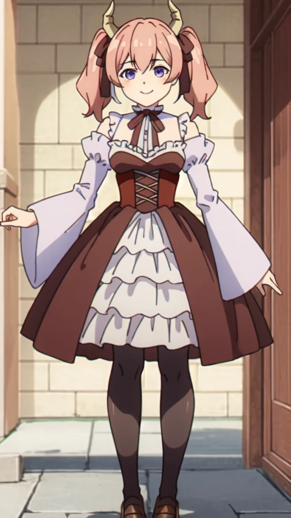 line eye,One girl,alone,Short Twin Tails,Hair between the eyes,Pink Hair,Medium Hair,Devil horns,Dark red hair ribbon,Pointed Ears,Purple eyes,smile,
Ruffled shirt collar,Dark red choker,White frill shirt,Juliet Sleeve,Long sleeve,Dark red neck ribbon,Dark red dress,White ruffle dress,Layered Dresses,Brown corset,Striped pantyhose,
Mary Jane,Outdoor,, 素晴らdeathいビジュアル, High resolution,masterpiece,Highest quality,素晴らdeathいビジュアル,High resolution,masterpiece,Highest quality,18-year-old,young woman,美deathい指,美deathい長い脚,美deathい体,美deathいキャラクターデザイン,Esbian all over、 Cowboy Shot、Purple Loafers、Leg fetish、Long legs、Long legs、death