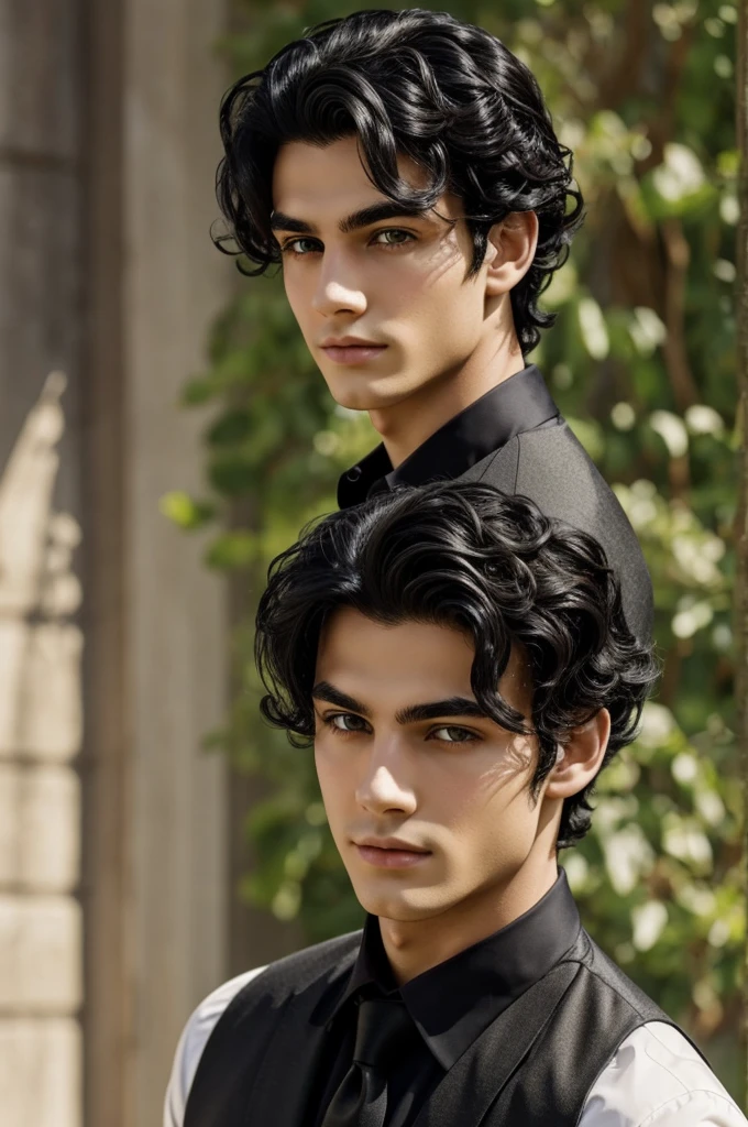 Boy with black hair, green eyes, wavy and elegant