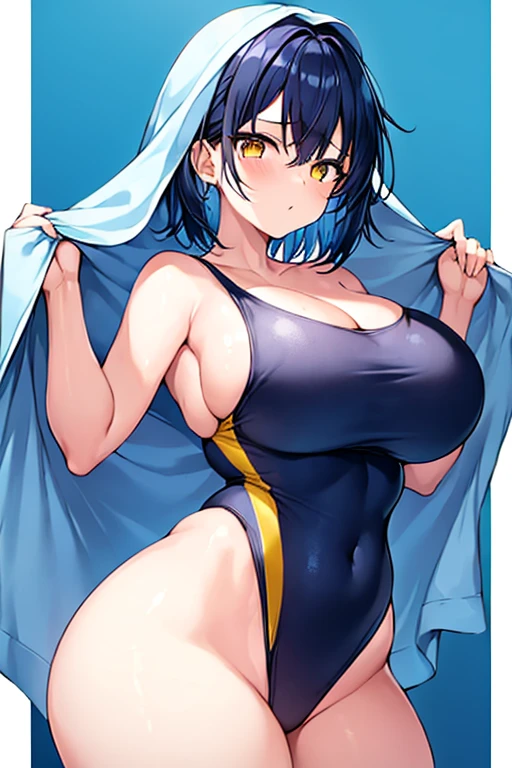 1girl, large breasts, breasts, wide hips, thick thighs, dark blue hair, blue hair, short hair, very short hair, yellow eyes, one-piece swimsuit, blue swimsuit, competition swimsuit, black one-piece swimsuit, serious, towel, ((towel))