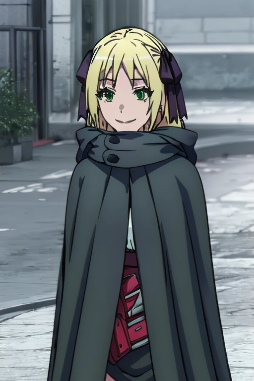 Solo, 1girl, esther rosenthal, smile, long hair, blonde hair, (green eyes:1.5), mole, mole under eye, black ribbon, black bow, hair ribbon, skirt, long black cloak, long cape, best quality, city
