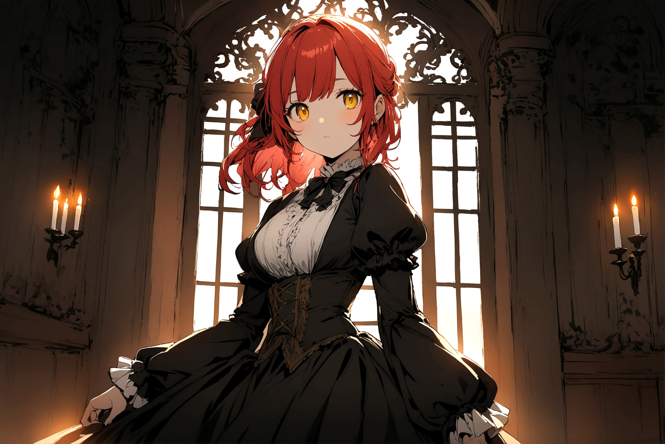 A girl with red hair, yellow eyes, and black clothes in a Victorian era mansion 