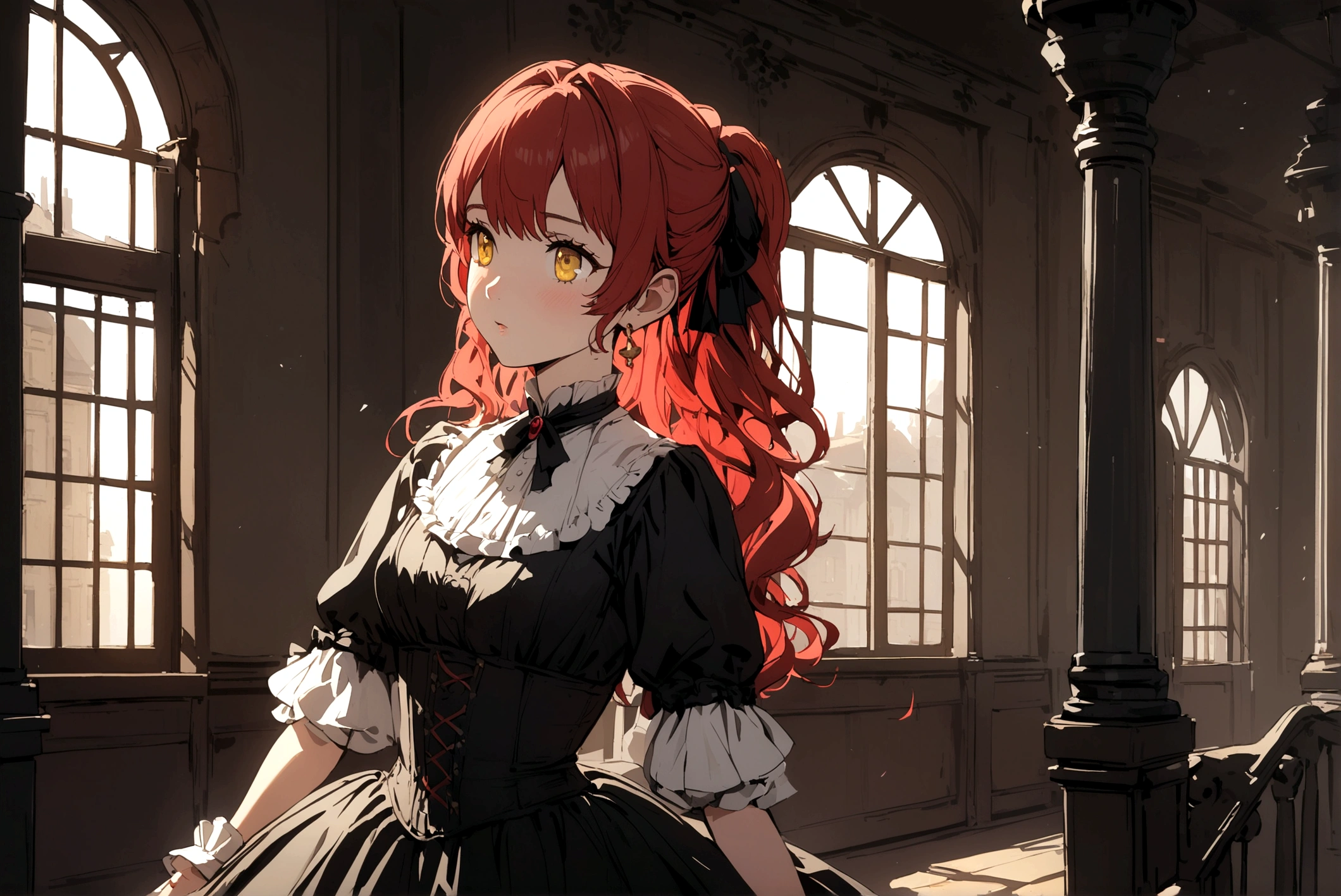 A girl with red hair, yellow eyes, and black clothes in a Victorian era mansion