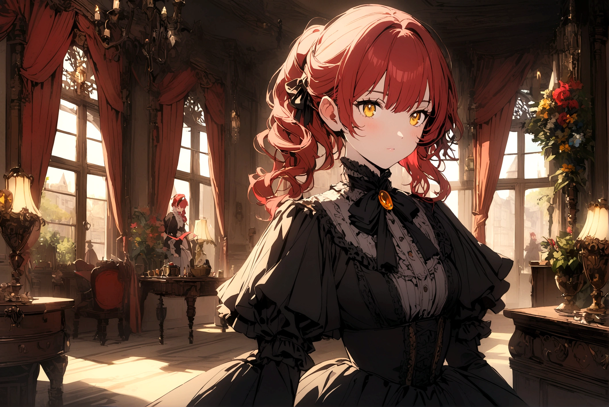 A girl with red hair, yellow eyes, and black clothes in a Victorian era mansion 