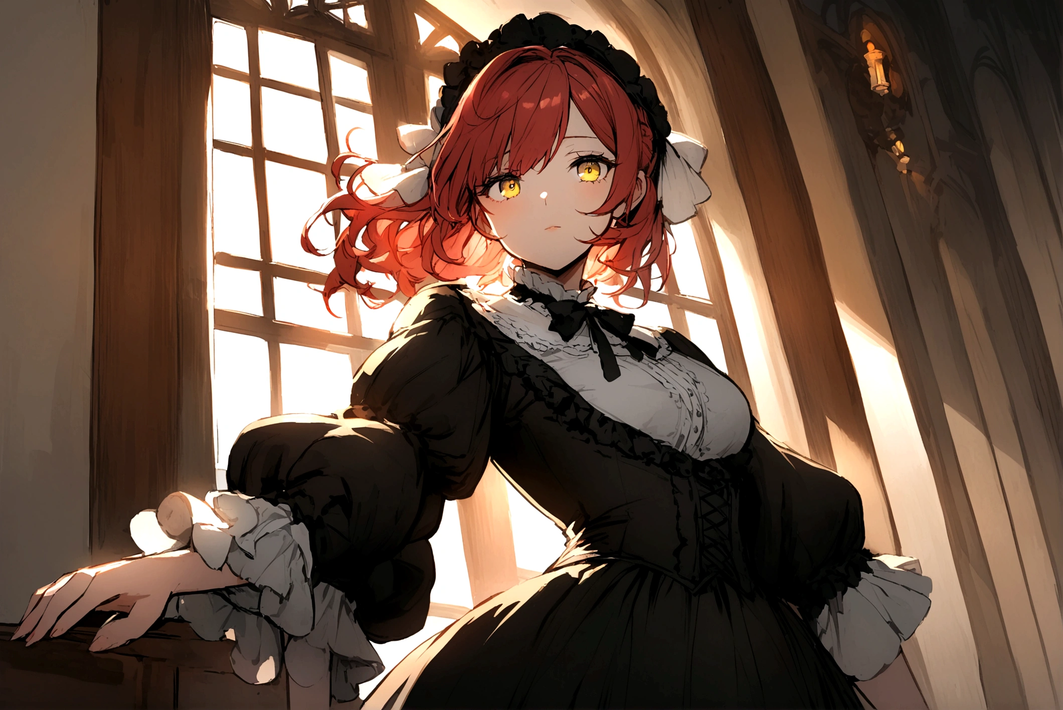 A girl with red hair, yellow eyes, and black clothes in a Victorian era mansion 