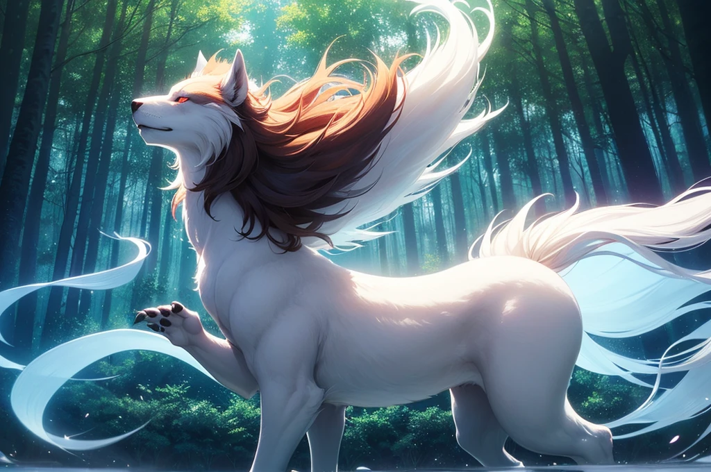 1 Big Wolf, mythical creature, nine tails, (glowing eyes:0.9), red fur, elegant posture, (spiritual aura:1.2), flowing mane, (floating in the air:1.3), mysterious, (wisdom:1.1), seductive, (enchanted forest background:1.4), moonlit night, magical, ancient, (ethereal glow:1.2), (translucent tails:1.1), mythical powers, (misty atmosphere:0.8), divine, (celestial beings:1.3), (fierce protector:1.2), alluring, (fading into shadows:0.9).