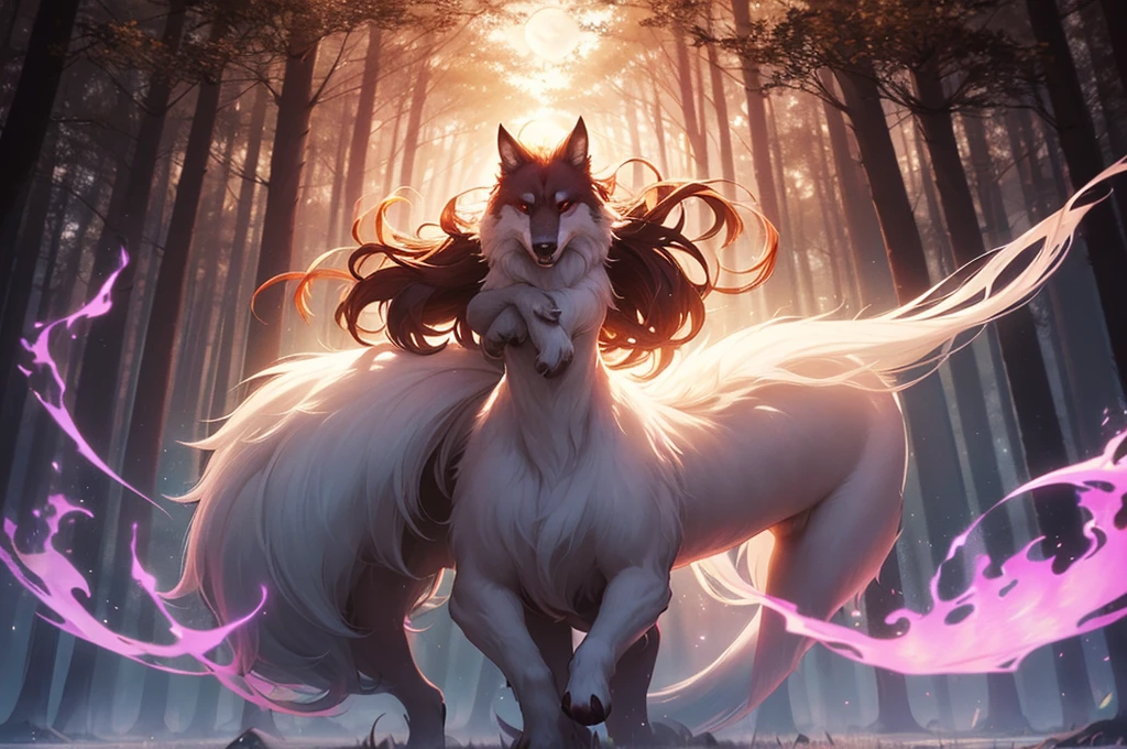 1 Big Wolf, mythical creature, nine tails, (glowing eyes:0.9), red fur, elegant posture, (spiritual aura:1.2), flowing mane, (floating in the air:1.3), mysterious, (wisdom:1.1), seductive, (enchanted forest background:1.4), moonlit night, magical, ancient, (ethereal glow:1.2), (translucent tails:1.1), mythical powers, (misty atmosphere:0.8), divine, (celestial beings:1.3), (fierce protector:1.2), alluring, (fading into shadows:0.9).