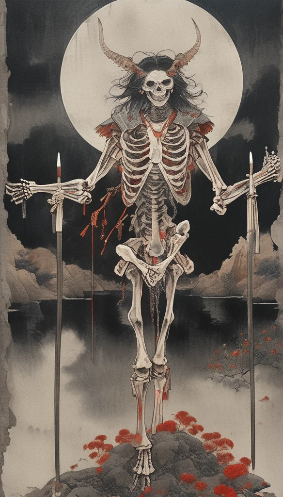 japanese line art    , a samurai( tied up  to a wooden steak with several arrows stuck in him,:1.2) lower body missing visible skeletal structure , ripped rags, rope and bloody ground, black skies and large moon , floral damask background ,  in the style of  takato yamamoto、masterpiece,best quality,absurdres,high details,8K,photorealistic,at distance,cowboy shot,1girl,amaizing body,long hair,makeup,outstretched arms,full body front photo,symmetrical pose,necromancer,bones ornament,graveyard,skeletons come out of the ground,creature,ancient,dark,evil,intricate, elegant, highly detailed, symmetry, magical atmosphere, sharp focus, majestic, very coherent, radiant, advanced, cinematic, artistic, fine detail, winning, beautiful, stunning, dramatic light, designed, rich deep colors, perfect professional background, ambient, tailored set composition