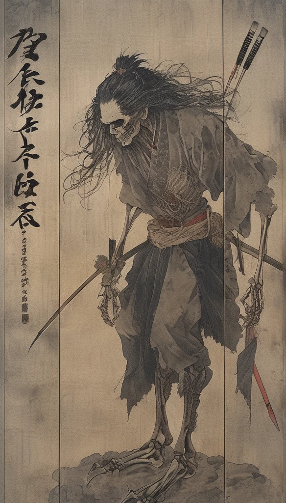 japanese line art , a samurai( tied up to a wooden steak with several arrows stuck in him,:1.2) lower body missing visible skeletal structure , ripped rags, rope and bloody ground, black skies and large moon , floral damask background , in the style of takato yamamoto、masterpiece,best quality,absurdres,high details,8K,photorealistic,at distance,cowboy shot,1girl,amaizing body,long hair,makeup,outstretched arms,full body front photo,symmetrical pose,necromancer,bones ornament,graveyard,skeletons come out of the ground,creature,ancient,dark,evil,intricate, elegant, highly detailed, symmetry, magical atmosphere, sharp focus, majestic, very coherent, radiant, advanced, cinematic, artistic, fine detail, winning, beautiful, stunning, dramatic light, designed, rich deep colors, perfect professional background, ambient, tailored set composition