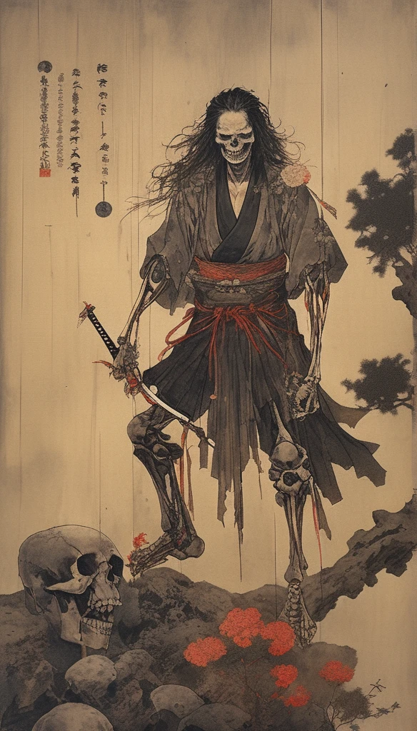japanese line art    , a samurai( tied up  to a wooden steak with several arrows stuck in him,:1.2) lower body missing visible skeletal structure , ripped rags, rope and bloody ground, black skies and large moon , floral damask background ,  in the style of  takato yamamoto、masterpiece,best quality,absurdres,high details,8K,photorealistic,at distance,cowboy shot,1girl,amaizing body,long hair,makeup,outstretched arms,full body front photo,symmetrical pose,necromancer,bones ornament,graveyard,skeletons come out of the ground,creature,ancient,dark,evil,intricate, elegant, highly detailed, symmetry, magical atmosphere, sharp focus, majestic, very coherent, radiant, advanced, cinematic, artistic, fine detail, winning, beautiful, stunning, dramatic light, designed, rich deep colors, perfect professional background, ambient, tailored set composition
