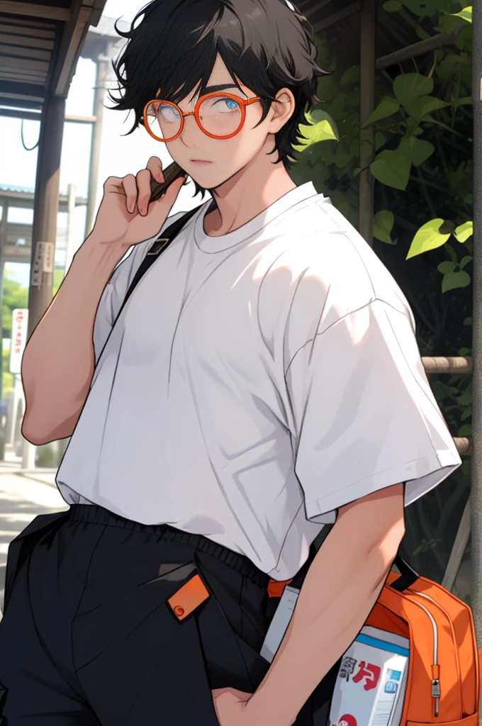 a boy, adolescent, blackquality hair, eyes black, wearing cargo pants, white t-shirt and round glasses with orange lenses, white-skinned, in Japan