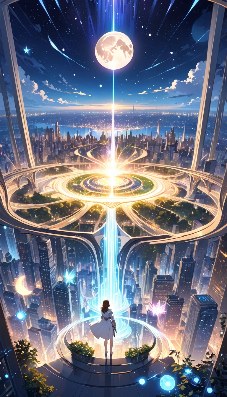 The world of tomorrow, grand details, city, magic, fantastic, night sky, moon, stars, background,

