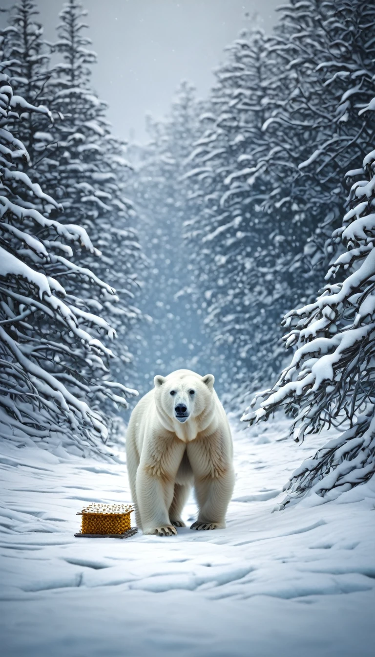 Polar Bear in the Arctic: A polar bear in a snowy, icy landscape, looking at an illustration of a beehive, symbolizing it never gets to taste honey., perfect composition, beautiful detailed intricate insanely detailed octane render trending on artstation, 8 k artistic photography, photorealistic concept art, soft natural volumetric cinematic perfect light, chiaroscuro, award - winning photograph, masterpiece, oil on canvas, raphael, caravaggio, greg rutkowski, beeple, beksinski, giger