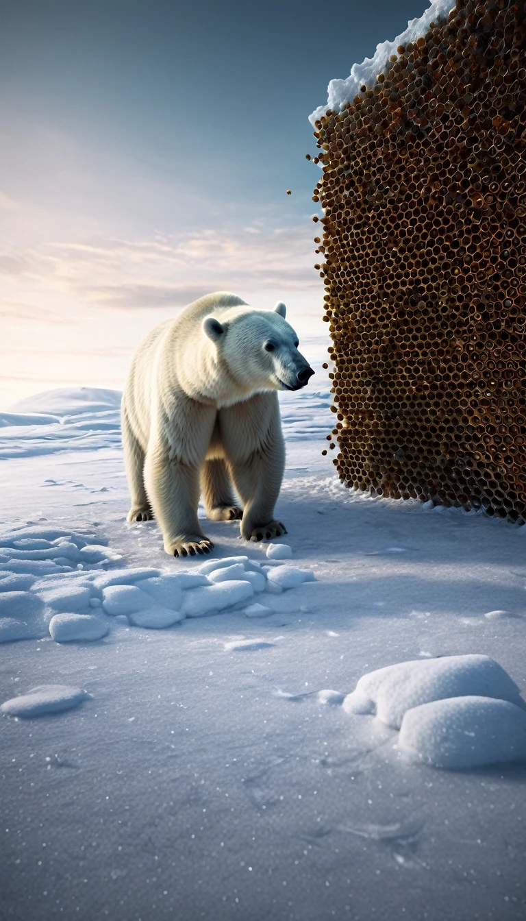 Polar Bear in the Arctic: A polar bear in a snowy, icy landscape, looking at an illustration of a beehive, symbolizing it never gets to taste honey., perfect composition, beautiful detailed intricate insanely detailed octane render trending on artstation, 8 k artistic photography, photorealistic concept art, soft natural volumetric cinematic perfect light, chiaroscuro, award - winning photograph, masterpiece, oil on canvas, raphael, caravaggio, greg rutkowski, beeple, beksinski, giger