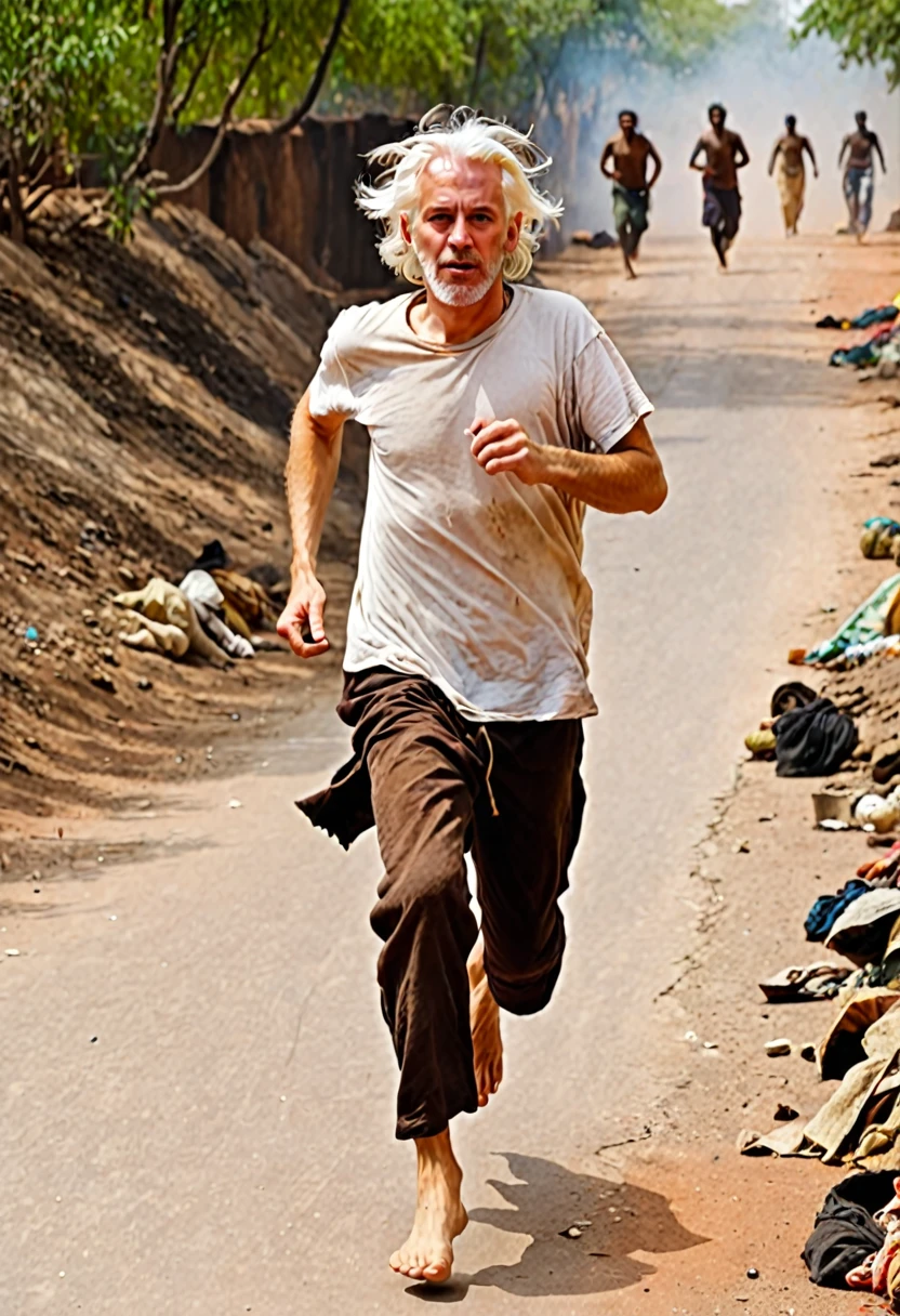 1 beggar white man running, the man has white hair, wears a brown t-shirt in rags, barefoot, in hell